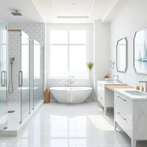 Luxurious remodeled Palm Beach Shores bathroom with marble countertops, walk-in shower, soaking tub, vessel sinks, and coastal accents