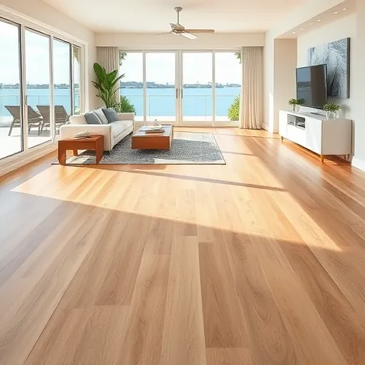 Seamless vinyl plank flooring in a coastal-inspired bright room with large windows, modern décor, and waterfront views