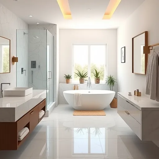 Remodeled Village of Golf Florida bathroom with marble countertops, glass shower, freestanding tub, neutral tones and elegant decor