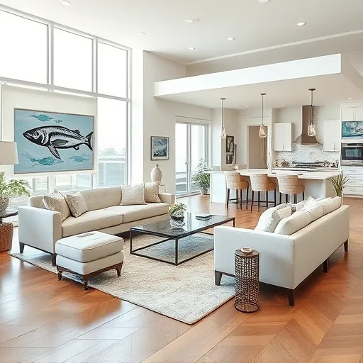 Remodeled living room in Delray Beach with coastal decor, large windows, plush sofas, and elegant kitchen design.