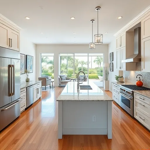 Modern kitchen remodel in Gulf Stream FL with sleek cabinetry, granite countertops, and open-concept design to outdoor patio.