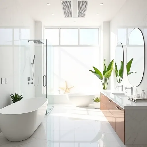 Renovated bathroom in Riviera Beach FL showcasing modern fixtures, freestanding tub, and spacious elegance with coastal decor.