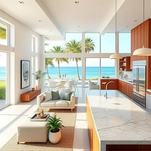 Bright remodeled living space in Palm Beach Shores with whitewashed walls, wood accents, and floor-to-ceiling windows.