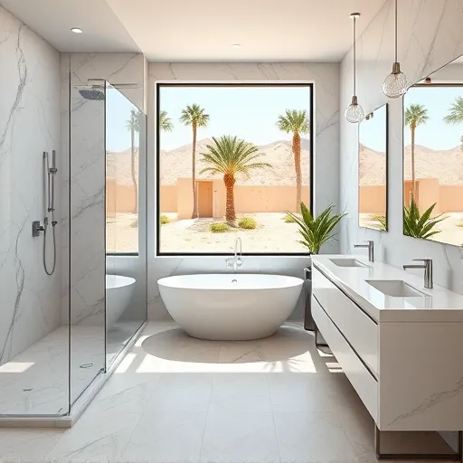 Renovated Palm Springs bathroom featuring a walk-in shower, freestanding tub, double vanity, and desert views.