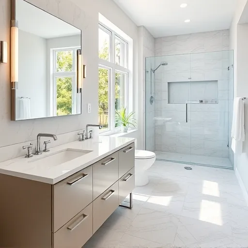 Remodeled Florida bathroom with marble countertops modern fixtures glass shower lush greenery natural sunlight