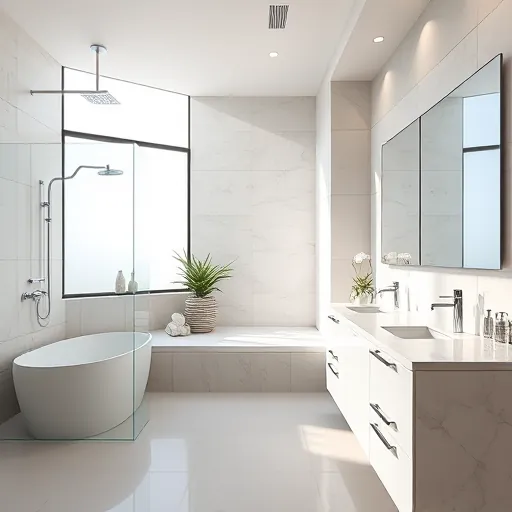 Spacious renovated South Palm Beach bathroom with modern fixtures, large tiles, natural sunlight, and coastal-inspired decor