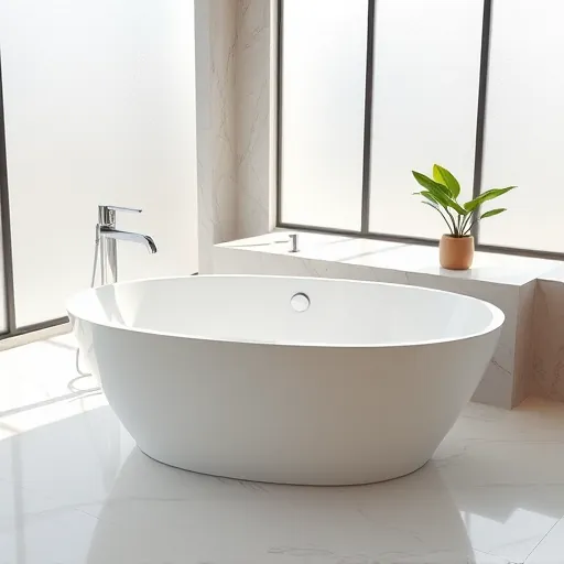 Pristine oval white bathtub with chrome fixtures in a modern marble-tiled bathroom filled with soft natural light