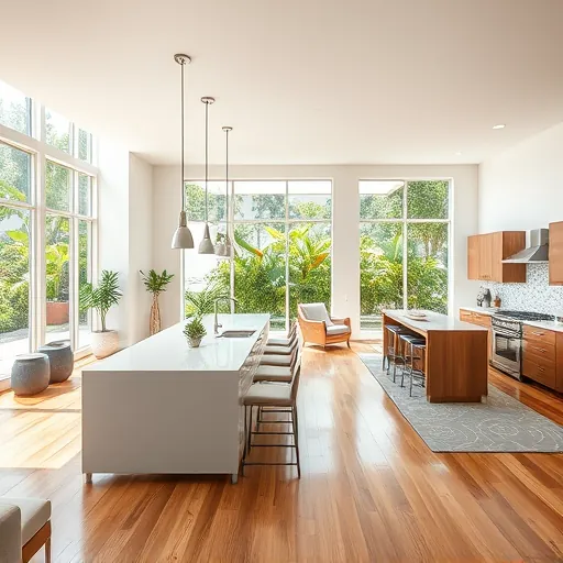 Modern open-concept living space in Okeechobee, FL, featuring hardwood floors, large windows, and elegant decor.