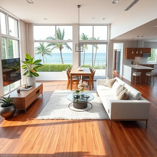 Beautiful renovated living room with wooden floors, modern furniture, tropical view, and open-concept kitchen in Riviera Beach Florida