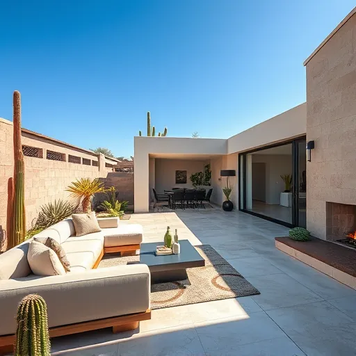 Modern patio in Palm Springs with sleek furniture, lush landscaping, and seamless indoor-outdoor living design.