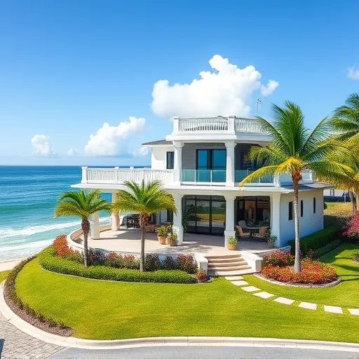 Elegant coastal home in Ocean Ridge FL, modern architecture, tropical landscaping, ocean backdrop, serene atmosphere.