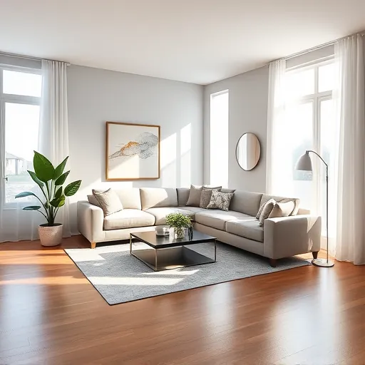 Renovated living room in Juno Ridge FL with neutral colors, plush furniture, natural light, and elegant decor.