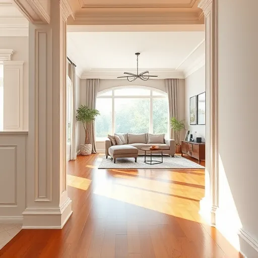 Freshly installed crown molding and baseboards in a modern Riviera Beach interior with neutral walls and warm hardwood flooring
