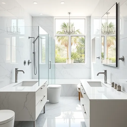Renovated Pahokee Florida bathroom featuring marble tiles, modern fixtures, walk-in shower, quartz vanity, and lush outdoor views