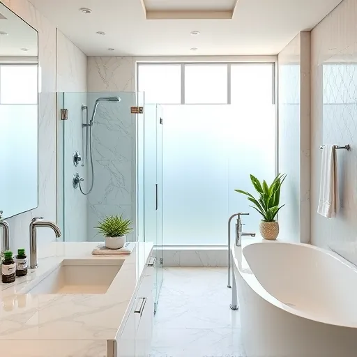 Renovated Singer Island bathroom with marble shower, soaking tub, modern fixtures, ocean decor, natural light and luxury details