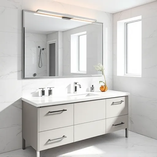 Completed modern bathroom vanity with marble countertop, sleek cabinetry, large mirror, high-end fixtures, and neutral tiles