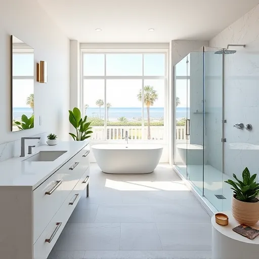 Renovated Stuart Florida bathroom with white marble countertops, freestanding tub, walk-in shower, natural light, lush plants