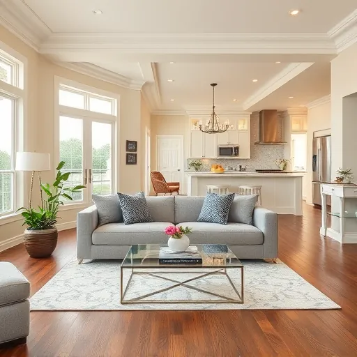 Modern living room in Briny Breezes FL with light gray sofa, glass coffee table, and contemporary kitchen backdrop.