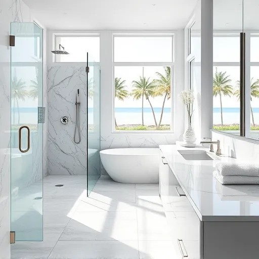 Modern renovated bathroom in Singer Island FL with marble countertops rainfall shower brushed nickel fixtures frosted windows coastal view