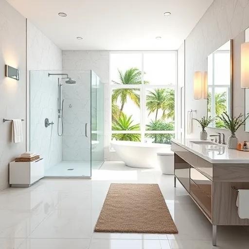 Remodeled bathroom in Boynton Beach with walk-in glass shower, marble countertops, ceramic tiles, and natural light