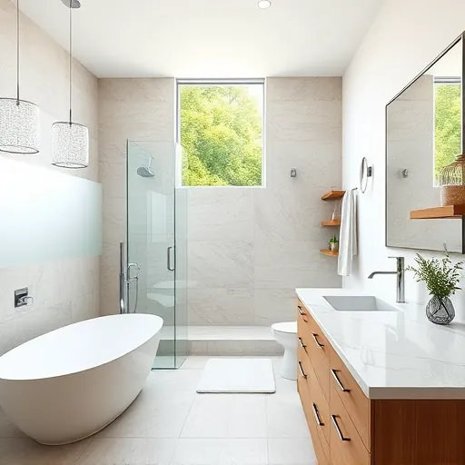 Renovated Lantana FL bathroom with modern fixtures, glass walk-in shower, freestanding tub, marble vanity, and natural light