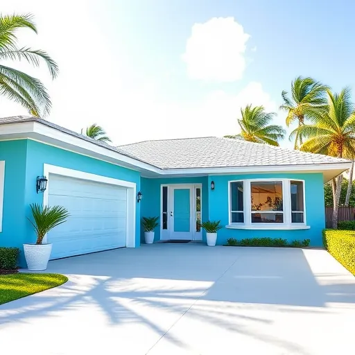 Vibrant modern Riviera Beach house with ocean blue and white exterior, lush palms, sunny sky, perfect for exterior painting highlights