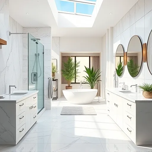 Renovated West Palm Beach bathroom with marble shower, soaking tub, granite countertops, modern fixtures, and natural light