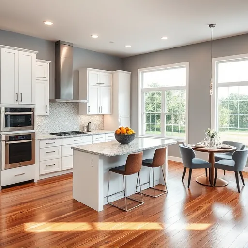 Modern kitchen remodel in Belle Glade, FL with white cabinetry, granite countertops, stainless steel appliances, and hardwood floors.