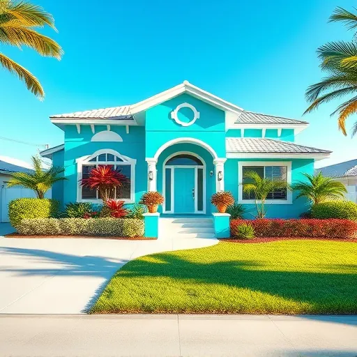 Freshly painted turquoise house in Riviera Beach FL with lush landscaping, palm trees, and tropical coastal vibe