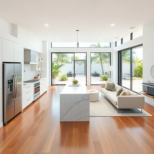Modern North Palm Beach interior showcasing open living space with hardwood floors, large windows, and stylish decor.