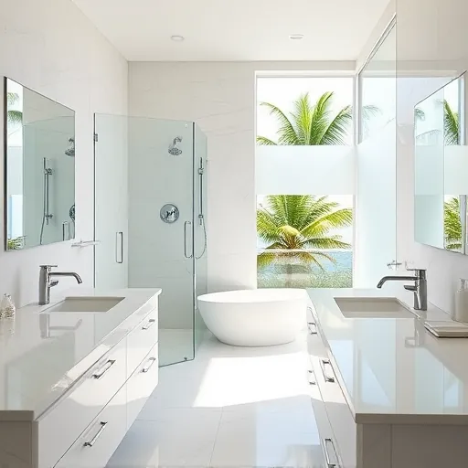 Renovated Riviera Beach bathroom with modern design, large windows, marble counters and polished chrome fixtures.