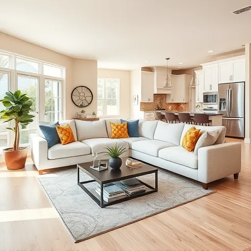 Elegant living room in Jensen Beach FL featuring modern decor, plush sectional sofa, and a stylish kitchen backdrop.