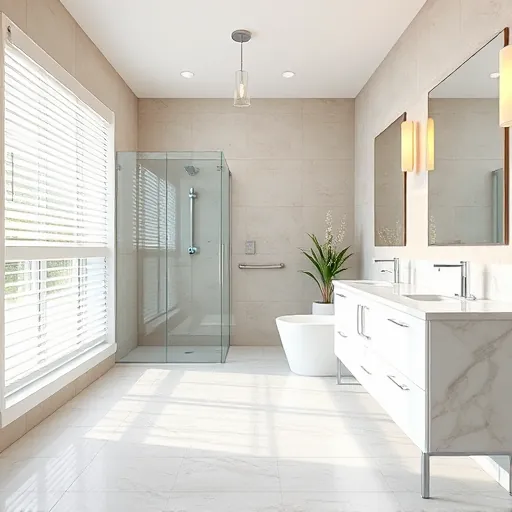 Modern remodeled bathroom in Belle Glade FL with walk-in shower, marble countertops, and bright natural light.