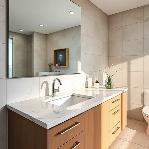 Modern bathroom vanity with marble countertop, elegant fixtures, and stylish cabinetry in a upscale Riviera Beach FL home