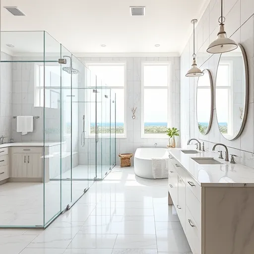 Remodeled Ocean Ridge FL bathroom with modern fixtures, natural light, coastal decor, walk-in shower, soaking tub, and marble vanity