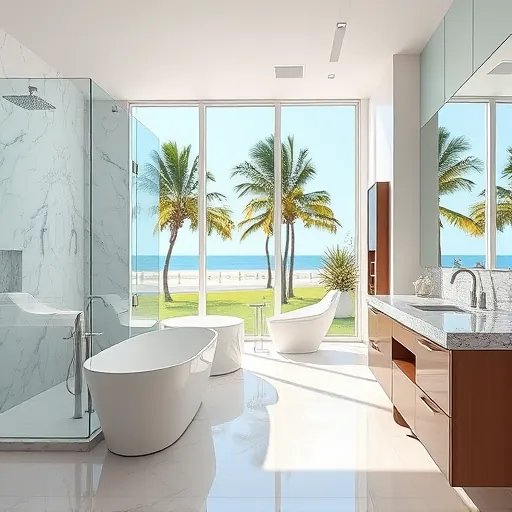 Remodeled West Palm Beach bathroom with modern fixtures, marble shower, freestanding tub, granite vanity, ocean view
