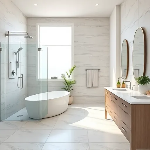 Beautiful remodeled bathroom in Belle Glade FL with modern fixtures, walk-in shower, freestanding tub, double vanity, natural lighting