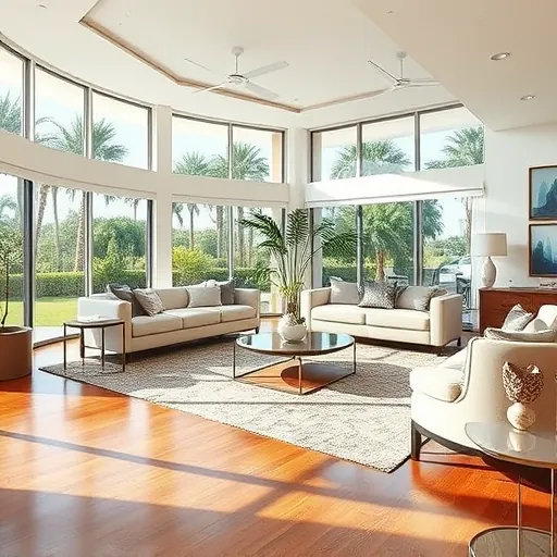 Modern living space in Village of Golf FL showcasing elegant remodeling with natural light and lush tropical views.