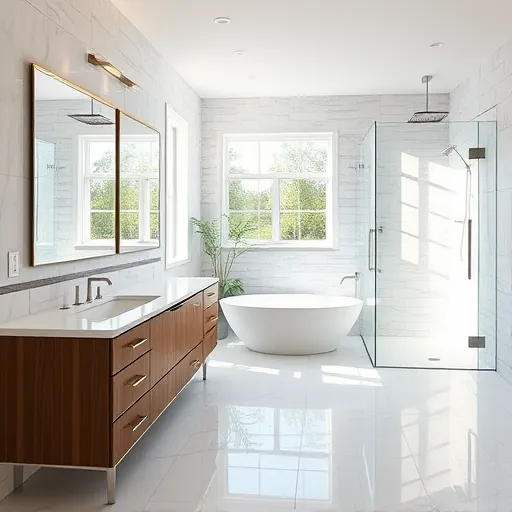 Beautiful renovated bathroom in Haverhill FL with marble floors, freestanding tub, walk-in shower, sleek vanity, and natural light