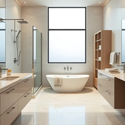 Newly remodeled Lantana bathroom with sleek fixtures, marble-like countertops, and a freestanding tub under frosted window.