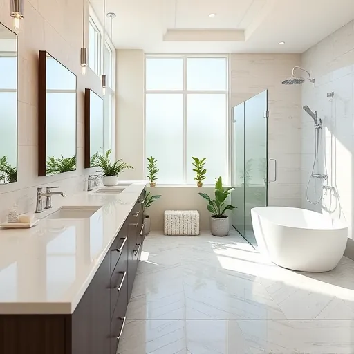Newly remodeled bathroom in Riviera Beach FL with modern design, natural light, marble countertops, freestanding tub, and walk-in shower.
