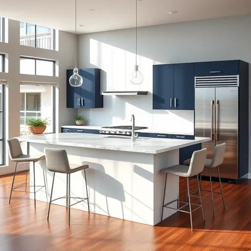 Renovated kitchen in Fort Pierce featuring a quartz island, stainless steel appliances, and elegant navy and white cabinetry.
