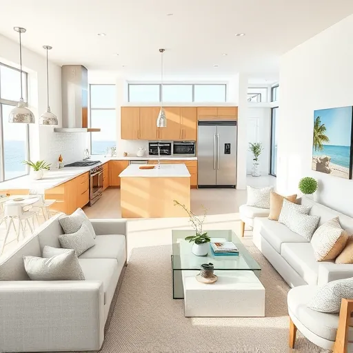Stylish coastal interior remodel in Jensen Beach, FL with light colors, modern kitchen, and ocean views.