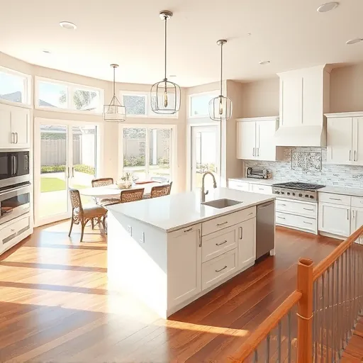 Modern Wellington kitchen remodel featuring high-end appliances, quartz island, white cabinetry, and hardwood floors.