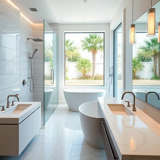 Newly renovated bathroom in Riviera Beach, FL featuring modern fixtures, freestanding tub, and glass shower with natural light.
