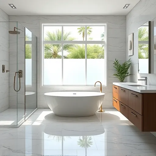 Beautiful renovated bathroom in Okeechobee with modern fixtures, marble floors, glass shower, freestanding tub and lush greenery