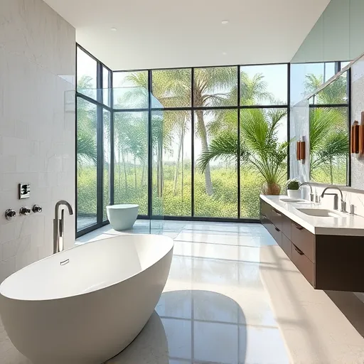 Recently remodeled modern bathroom in Boynton Beach with a soaking tub, glass shower, double vanity, and lush greenery outside