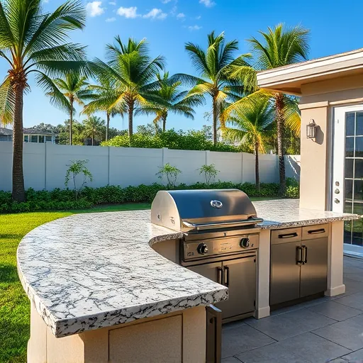 Completed outdoor kitchen in Riviera Beach Florida with granite countertops stainless steel grill stylish cabinets lush tropical landscaping and clear blue sky