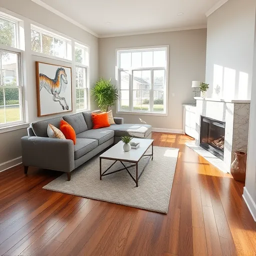 Modern Lantana FL living room remodel featuring gray sectional, vibrant pillows, minimalist decor, and ample natural light.