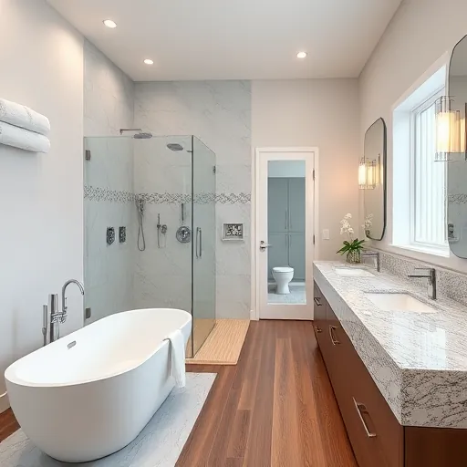 Recently remodeled bathroom in Golf FL with modern fixtures, freestanding tub, glass shower, and elegant decor.